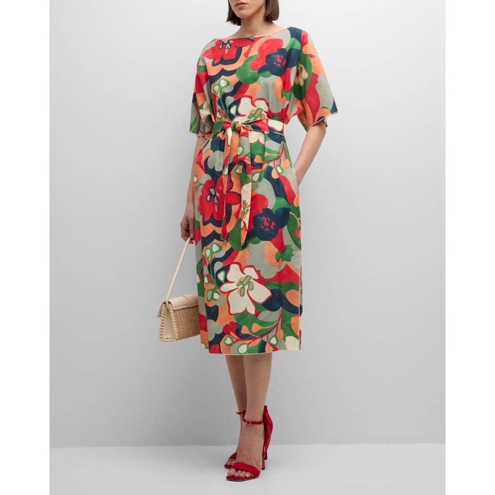 Frances Valentine Marguerite Bateau-Neck Silk Cotton Floral Midi Shift Dress L